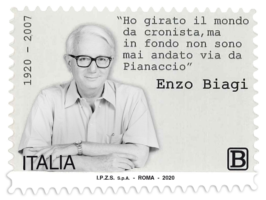 Poste Italiane comunica che oggi 9 agosto 2020 viene emesso dal Ministero dello Sviluppo Economico un francobollo commemorativo di Enzo Biagi, nel centenario della nascita, relativo al valore della tariffa B pari a 1,10€. Tiratura: quattrocentomila esemplari. Foglio da quarantacinque esemplari Il francobollo è stampato dall’Istituto Poligrafico e Zecca dello Stato S.p.A., in rotocalcografia, su carta bianca, patinata neutra, autoadesiva, non fluorescente. Bozzetto a cura del Centro Filatelico della Direzione Operativa dell’Istituto Poligrafico e Zecca dello Stato S.p.A.. La vignetta riproduce, in primo piano, un ritratto di Enzo Biagi affiancato a una frase dello stesso giornalista e scrittore italiano “Ho girato il mondo da cronista, ma in fondo non sono mai andato via da Pianaccio”. Completano il francobollo la leggenda “ENZO BIAGI“, le date “1920-2007“, la scritta “ITALIA” e l’indicazione della tariffa “B”. L’annullo primo giorno di emissione sarà disponibile presso lo sportello filatelico dell’ufficio postale di Lizzano in Belvedere (BO). Il francobollo e i prodotti filatelici correlati, cartoline, tessere e bollettini illustrativi saranno disponibili presso gli Uffici Postali con sportello filatelico, gli “Spazio Filatelia” di Firenze, Genova, Milano, Napoli, Roma, Roma 1, Torino, Trieste, Venezia, Verona e sul sito poste.it. Per l’occasione è stata realizzata anche una cartella filatelica in formato A4 a tre ante, contenente una quartina di francobolli, un francobollo singolo, una cartolina annullata e affrancata e una busta primo giorno di emissione al prezzo di 15€.