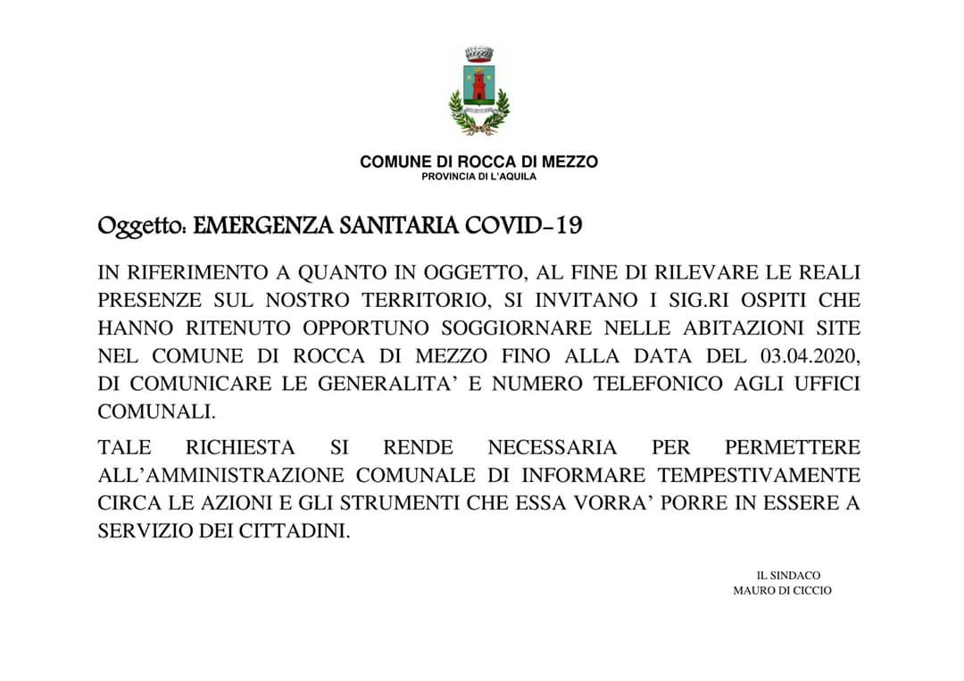 Rocca di Mezzo: chi ha soggiornato nel territorio dovrà cominciare proprie generalità